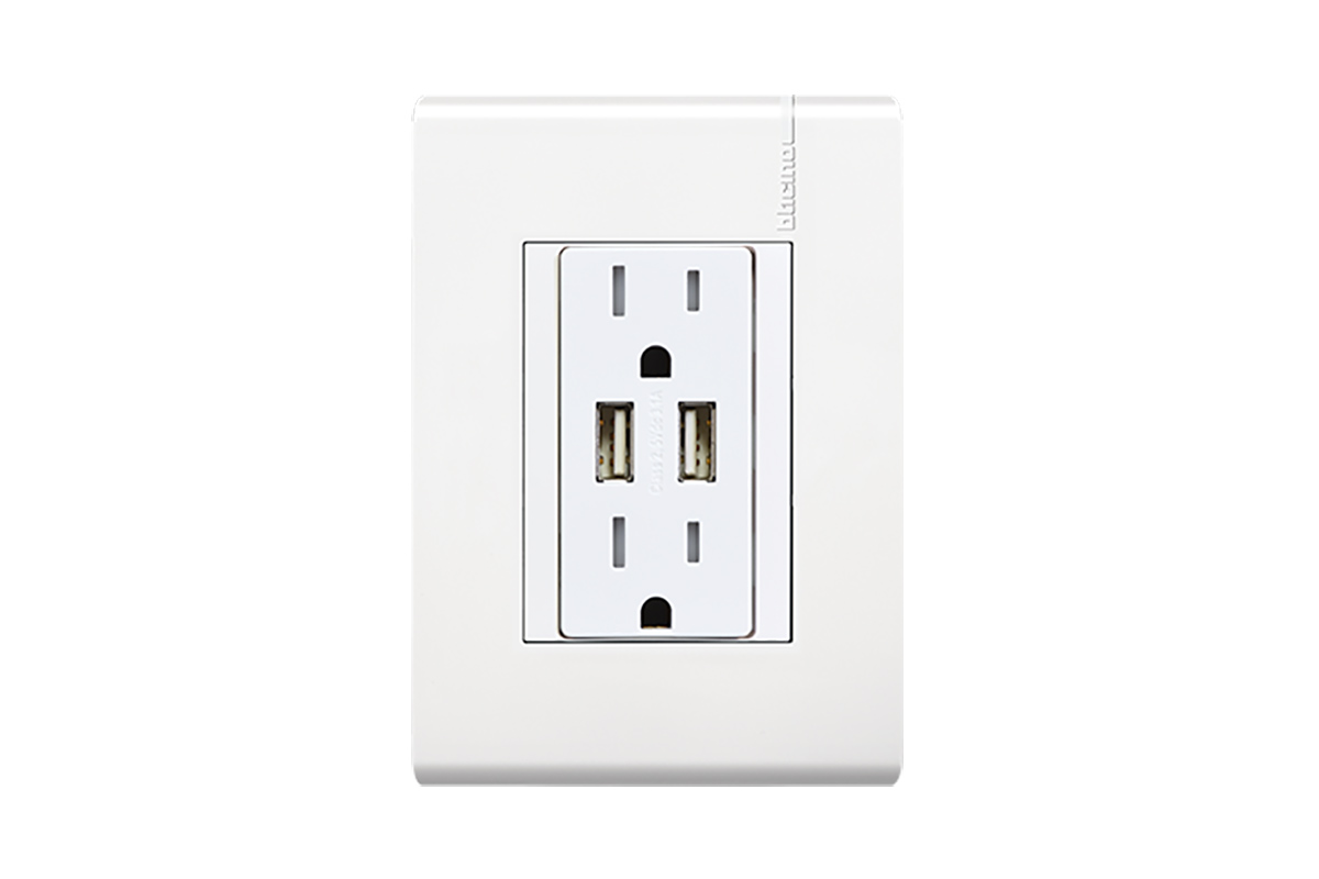 Contacto duplex 2P+T con toma de corriente USB color blanco 