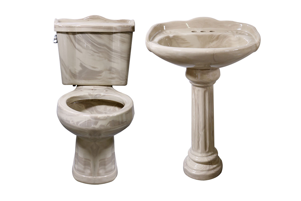 Paquete de bao Oxford Inodoro alargado y lavabo con pedestal color beige marmoleado 